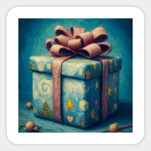 It’s All in the Bow - Fancy Blue Present - Oil Painting turned Digital Art in the Style of Van Gogh Sticker